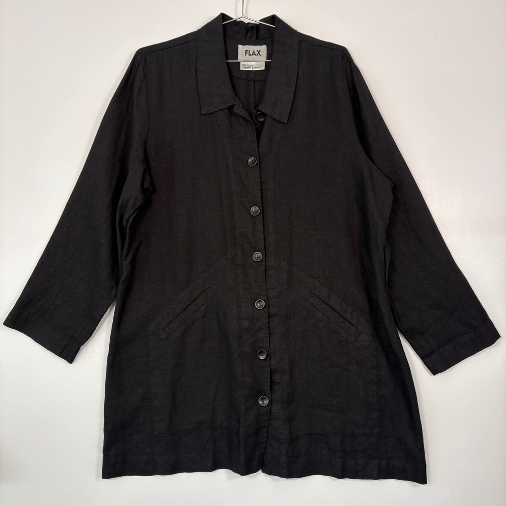 FLAX Women Jacket L Black 100% Linen Button Front Long Sleeve Pocket Tunic